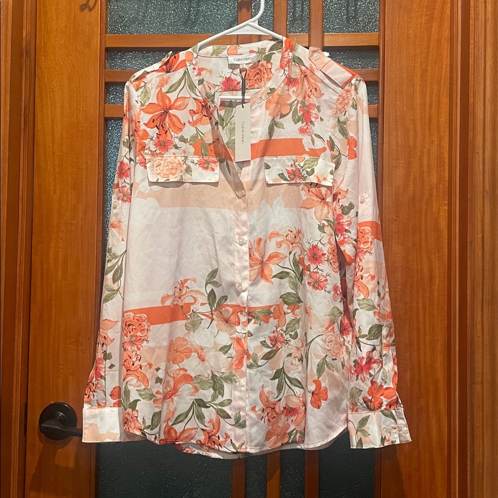 Calvin Klein Orchid Floral Print Shirt button down blouse